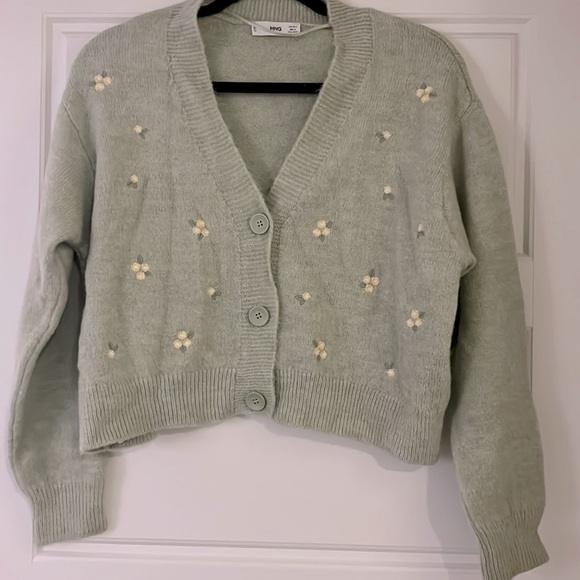 Light green knit crop embroidered cardigan - Picture 2 of 4